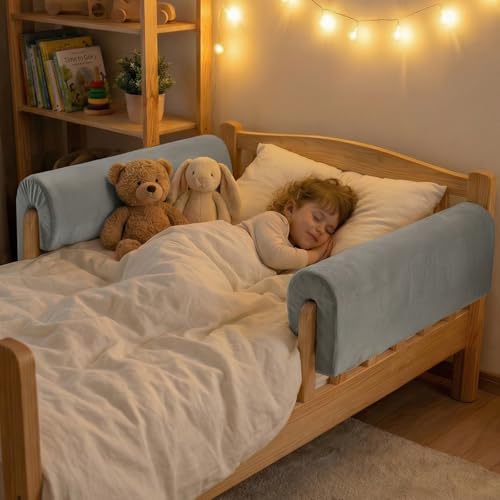 Image of Toddlers' Bed Rail Bumpers Protector, Children's Bed Guardrail Padding, Soft Cushioned Barrier, Increased Height, Easy to Install, Washable Cover, Fits Floor, Bunk & Loft, 2.3 Ft, Gray, 1Pack