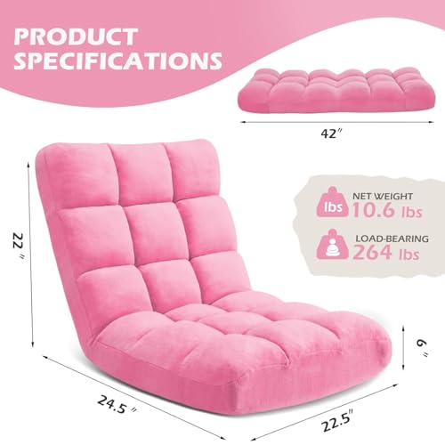 Image of Folding Floor Gaming Chair 14-Poistion Cushioned Adjustable Floor Lazy Sofa Chair w /Breathable Cotton & Skin-Friendly Coral Velve for Adults & Kids Perfect for Reading Gaming Meditating, Pink