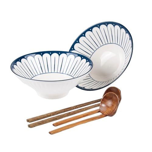 MYKAGS Lot de 2 bols à ramen japonais de 1 077,3 g avec baguettes et cuillères de 1200 ml - Grands bols à soupe, four à micro-ondes, lave-vaisselle