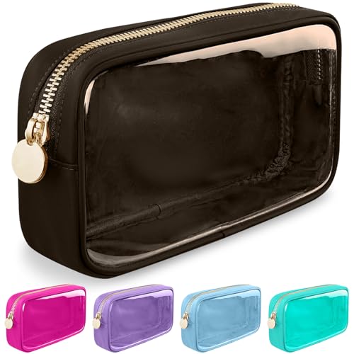 Small Clear Travel Makeup Organizer Bag for Purse, Cute Black Makeup Bag Preppy Cosmetic Zipper Pouch Purse, Transparent PVC & Nylon Toiletry Bag Clutch Makeup Brush Bag Storage for Women Girls(Brown)