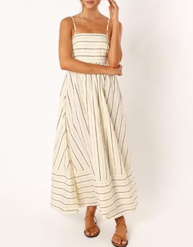 Image of KMBANGI Women Striped Sleeveless Maxi Dress Swing Patchwork Midi Dress Smocked Spaghetti Strap Colorful Long Sundress