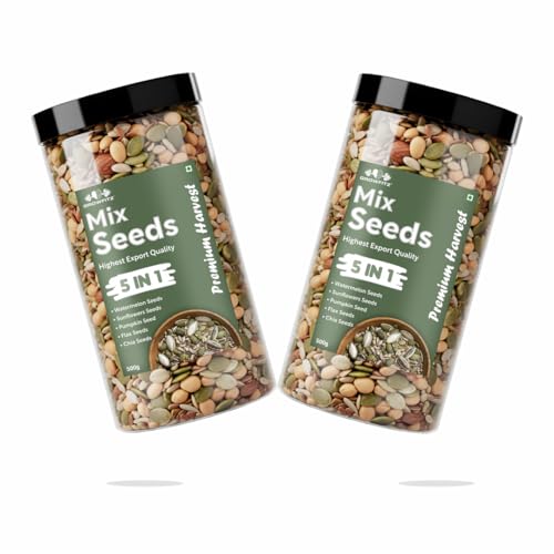 Image of Growfitz 5-in-1 Super Seed Mix | Pack of 2 (500g Each)| 20.5g High Protein & Fiber | Roasted Pumpkin, Sunflower, Flax, Chia, Soy Nuts & Sesame | Healthy Snack | Export Quality Superfood |