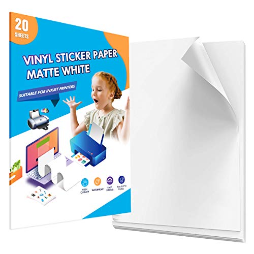 Printable Vinyl Sticker Paper for Inkjet Printer 20 Sheets Matte White Waterproof and Quick-Drying Self-Adhesive Standard Letter Size 8.5