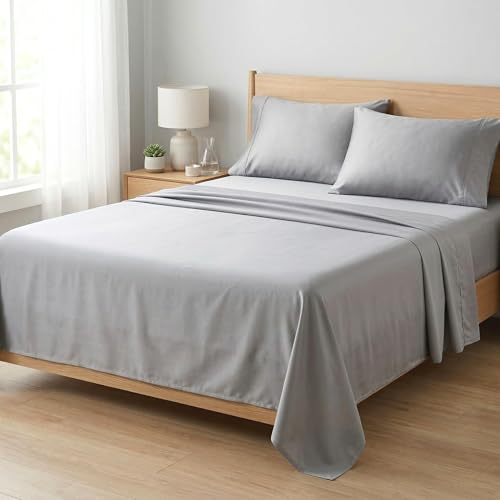 Image of Beckham Hotel Collection Sheets Set Queen Size, 100% Cotton Sateen Fabric, Silky Smooth & Soft, Cool Touch, 16 inch Deep Pocket, 4-Piece, Gray