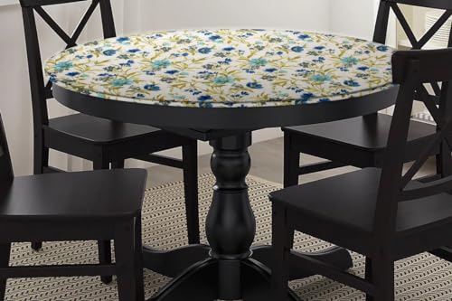 Image of The Furnishing Tree Elastic Cotton Round Dining Table Cover 40x40 in Inches Floral Blue Leaf on offwhite Base