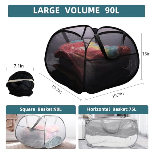 Image of Collapsible Laundry Baskets, 90L Large Foldable Laundry Basket, Durable Mesh Pop Up Hampers for Laundry, Dirty Clothes Laundry Hamper for Bedroom, Bathroom, Dorm, Laundry Room, Travel, Camping Black