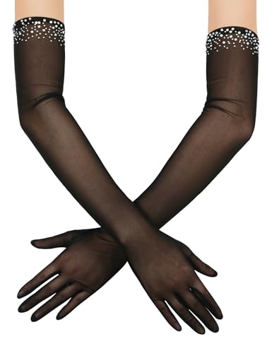 XXDingbs Womens Long Sheer Gloves Beaded Tulle Mesh Gloves for Opera Wedding Party Dance Prom Black