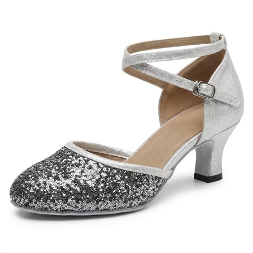 MSMAX Women's Glitter Latin Dance Shoes Sequin Closed Toe Ankle Strap — Silver Ballroom Salsa Tango 1920s Flapper Party Shoes 7.5 M US Women