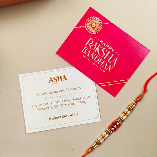 Image of ASHA Sweets Rakhi Celebration Combo Pack with Kaju Katli (250gm), 1 Handmade Rakhi & Wish Card Set for Gifting to Brother & Sister |Premium Raksha Bandhan Festive Gift Box for Family & Friends