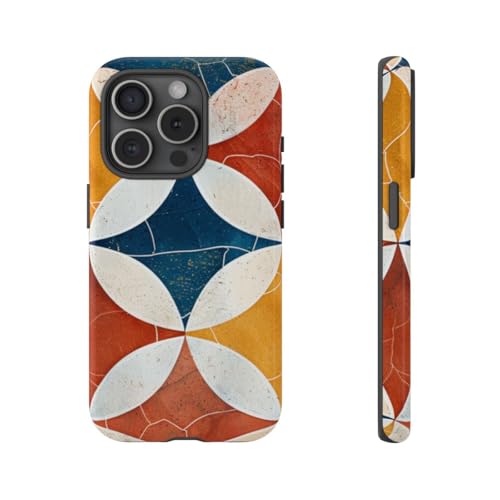 Coque iPhone 15 Pro motif géométrique rétro rigide brillante bleu