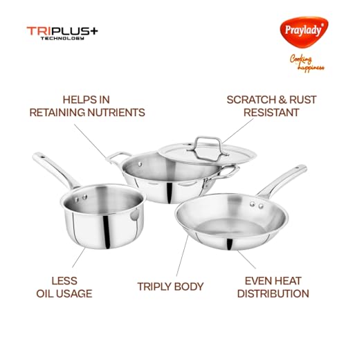 Image of Praylady TRIPLUS 4-Piece Triply Cookware Set | 24cm Kadai + 24cm Lid + 22cm Frypan + 16cm Saucepan | Triple-Layered Stainless Steel-Aluminum | Induction & Gas Compatible(4-Piece Triply Cookware Set)