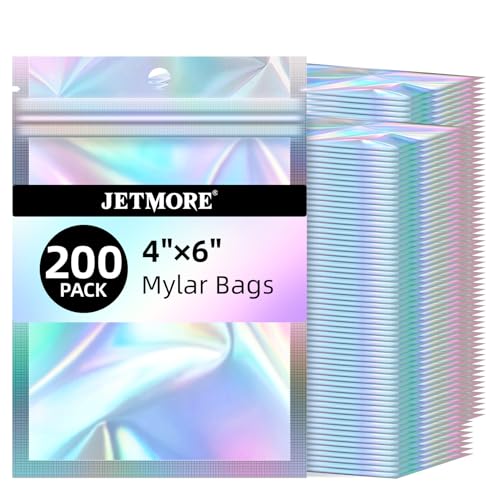 JETMORE Mylar Bags, 200 PCS Resealable Bags-4x6in, Holographic Bags for Travel Accessories, Stationery, Little Bag for Nails, Sealable Bag with Window, Display Holes, Dispensary Packaging on Demand