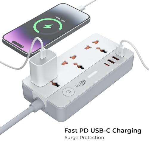 Image of OTEK VoltSafe 331 Extension Board with 3 Universal Sockets,3 USB,1 Type C Ports,2 Meter Cord,2500 Watts,10A,Surge Protector for Home & Office Appliances Abs Body Color White