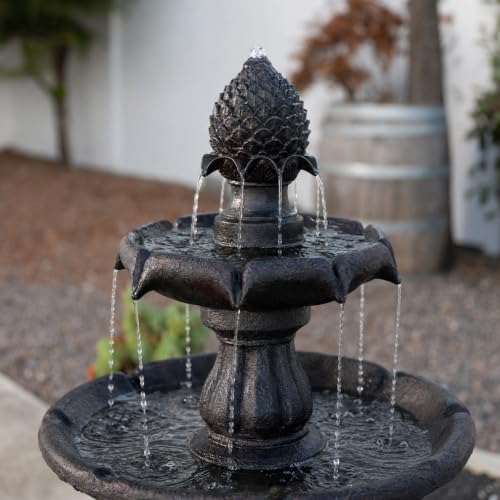 Image of XBrand 44 inch H Dark Brown Fiberglass /Resin 2-Tier Solar Water Fountain w /Solar Panel and Auto-Shut Off Pump, Solar Garden Fountain, Tall Outdoor Fountain, Two Tiered Birdbath Fountain