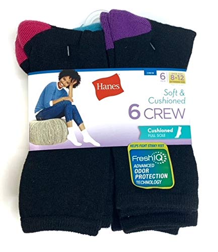 Hanes Women's Cushion Crew Socks with FreshIQ 6-Pack, black color heather/T, 10-12 (Shoe Size 8-12)