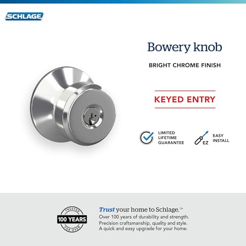 Image of SCHLAGE F51A BWE 625 Bowery Knob Keyed Entry Lock, Bright Chrome