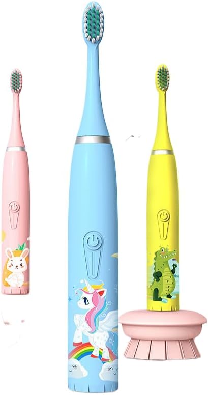 3PCS Rechargeable Children's Electric Toothbrush Ip7 Waterproof, Ultrasonic Vibration, Cute Cartoon Soft Fur Design, 5 Brush Heads