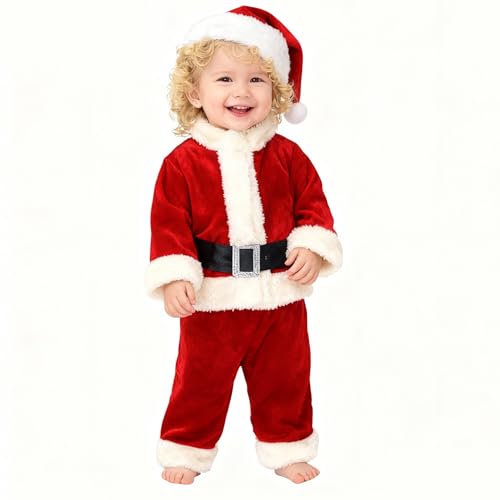 Hifot Traje de Navidad para bebé, disfraz de Papá Noel, disfraz de Papá Noel, abrigo + pantalón + sombrero + cinturón para niños