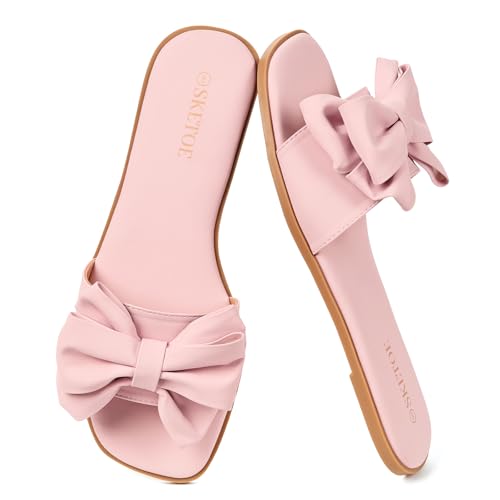 Image of Women's Bow Flat Sandals Open Saquare Toe Comfortable Slide for Wedding Beach Vacation