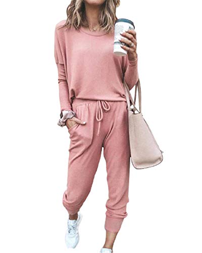 Nhicdns Sweatsuit for Women 2 Piece - Casual Solid Sweatsuit Long Sleeve Pullover Drawstring Sweatpant Jogging Sport Outfits Pink Small