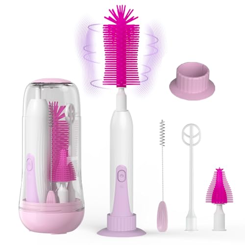 Image of Silicone Electric Baby Bottle Brush: Travel Portable Spinning Bottle Cleaner - Automatic Rotate Bottle Cleaning Set - Purple