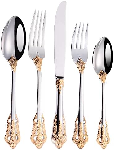 Mafier Silver Stainless Steel Utensil Cutlery Set 5 Piece Set Flatware Silverware Knife Fork Spoon Tableware Best Gift