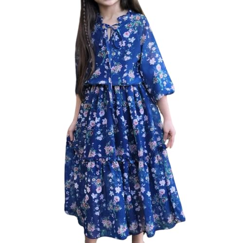 fioukiay Girls Fall Dress Long Lantern Sleeve V-Neck Floral Printed Smocked Waist Maxi Dresses Holiday