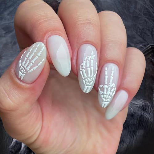 Halloween Spooky Press on Nails Medium Almond Skeleton Hand Fake Nails with Designs White False Nails Fall Nail Tips Skull Acrylic Reusable Almond Gel Glue Stick on Nails for Women 24PCS