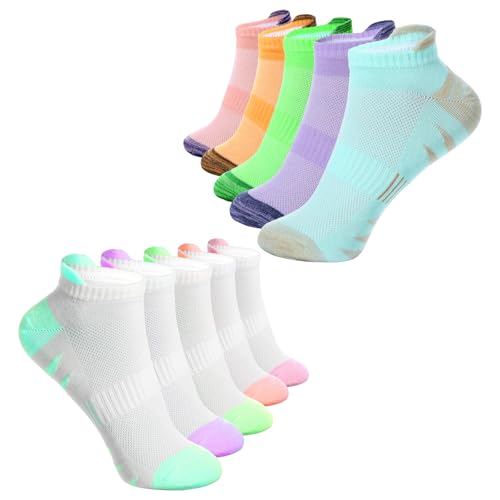 10 Pairs Socks for Girls,Breathable Ankle Athletic Sock,Mesh Cotton Girls Socks 8-10 Years Old,Sports Sock For Kids With Cushioned Sole(2 Styles,5 Colors)