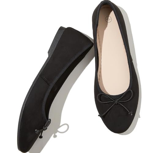 Witwatia Women's Flat Dress Shoes Comfortable Black Ballet Shoes Casual Slip On Dress Shoes Suede Round Toe Flats with Bow