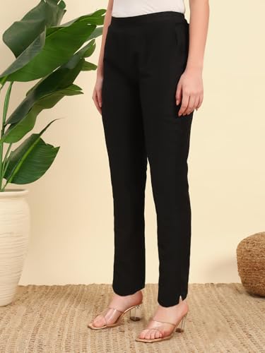 Image of Vogaan Women's Cotton Silk Pant | Half-Elasticated Waist Slim Fit Trouser for Women | Casual Pocket Pants for Office Formal Daily Use