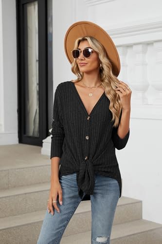 Image of Women's Long Sleeve Knit Sweater Open Front Cardigan Button Loose Outerwear Tie Front Knot Tops