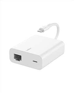 Belkin Ethernet &amp; Power Adapter W/ Lightning Connector - Dual Port Ethernet Splitter for Apple iPad Pro, iPad Mini, iPad Air &amp; iPhone Charger - 480 Mbps Ethernet speeds &amp; 12W Power Delivery