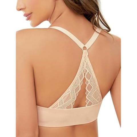 Plusexy Women's Push Up Racerback Bra Padded Add a Cup Front Closure Underwire Bras Lace Beauty Back Beige 38D Cover