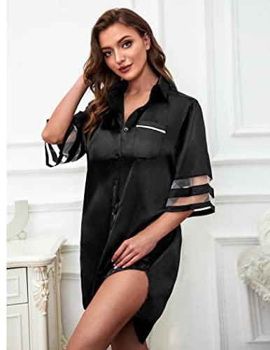 Women's Satin Nightgown Button Down 3/4 Sleeve Sleepwear Silk Night Gowns Nightshirt with Pocket3