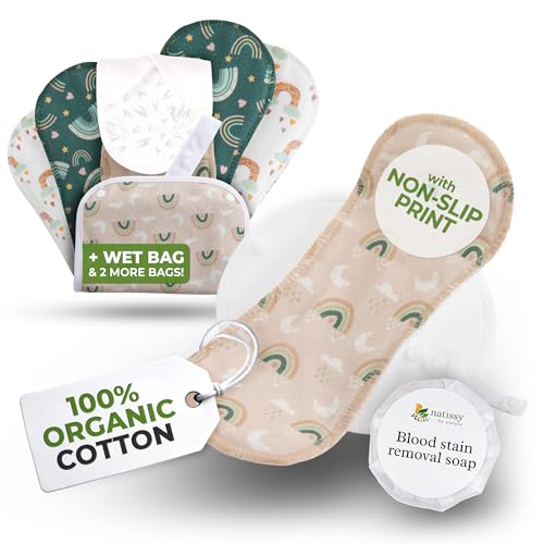 Image of Non-Slip Organic Cotton Reusable Menstrual Pads for Teens, 6 Pack (S+M)