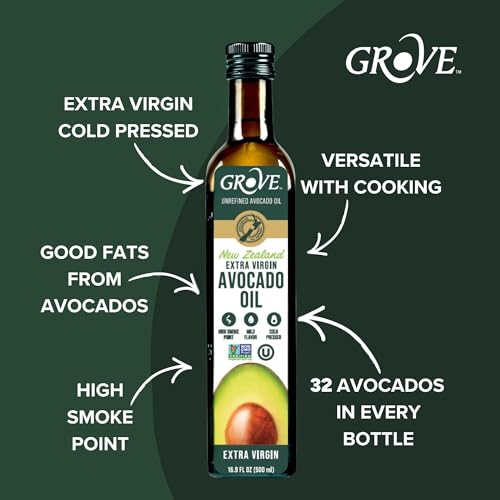 Image of Grove Extra Virgin Avocado Oil - Cold Pressed, High Heat Cooking, 500ml | Plant Based, Vegan, Gluten Free, 100% Natural, High Smoke Point Cooking Oil with 32 Whole Avocados in Every Bottle