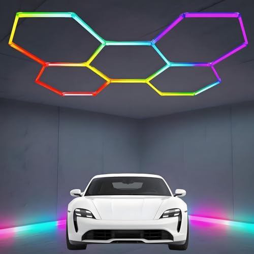 MOFGOE Lumières LED hexagonales RVB Ultra-Lumineuses avec Application et télécommande, 16 Couleurs de Base, 358 scènes, grilles de synchronisation Musicale, éclairage LED