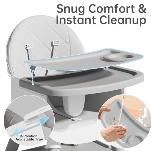 6-in-1 Convertible Baby Highchair, Booster Seat, Toddler Chair & Building Block Table, with Removable Tray, Easy Clean Cushion & 5-Point Harness (Grey)