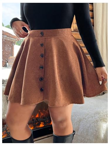 Floerns Women's Plus Size Button Down Corduroy Skirt High Waisted Flare A Line Skirt3