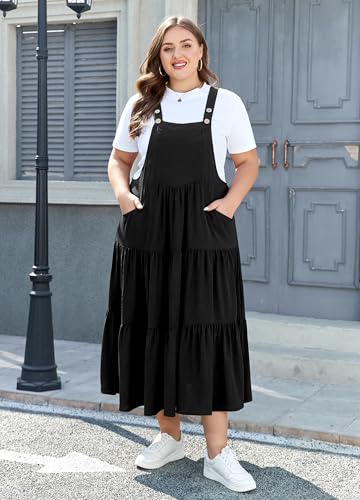 Moon Wood Plus Size Overall Dress for Women Jumper Dress with Pockets Summer Casual Suspender Straps Tiered Maxi Dress2