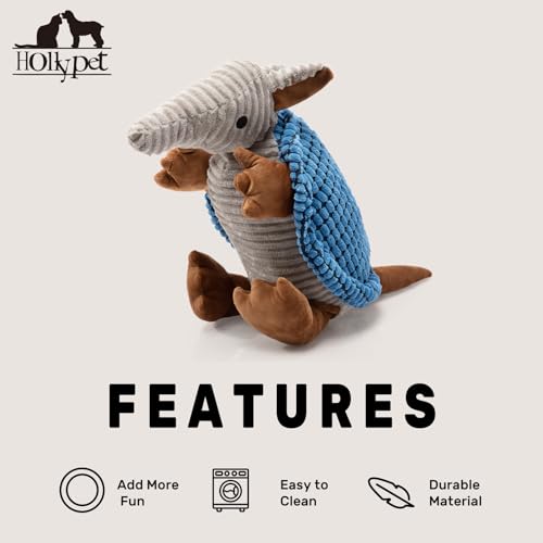 Image of Hollypet Plush Dog Squeaky Toy Stuffed Armadillo Animal Pet Puppy Chew Toys with Clean Teeth for Small Medium Large All Breed Sizes Dogs, Blue, 14 in