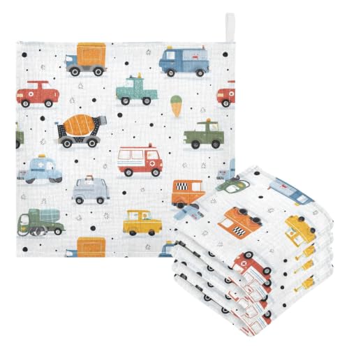 Image of vvfelixl Retro Truck Dots Baby Burp Cloths Baby Muslin Washcloths for Boys Girls Cotton Babys Face Towel for Newborn Soft 11.8 X 11.8 in, 5 Pack