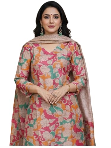 Image of GoSriKi Women's Rayon Viscose Straight Printed Kurta with Pant and Dupatta | Floral Pattern Three Piece Outfit | Soft Comfortable Fabric | Elegant Office and Occasion Clothing