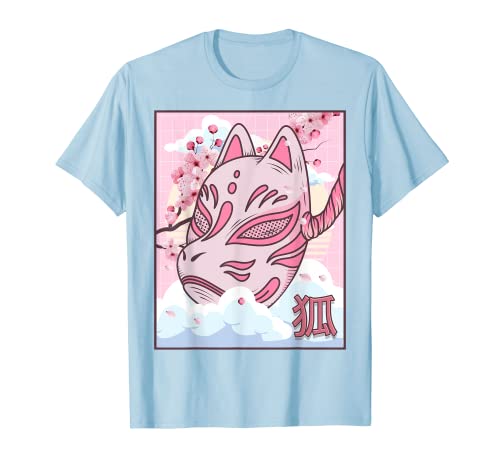Kitsune Mask Japanese Estética Fox Mask Cherry Blossom Camiseta