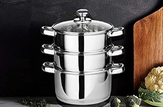 Steamer Pans 3 Tier with Glass Lid, Stainless Steel, Cooking, Polished Mirror Finish, 24 cm, Vegetable, Seafood and Meat Food Steamer Cooker Pan Stock Pot Hob H24 x W22 D22