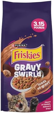 Purina Friskies Dry Cat Food Gravy Swirl'd With Flavors of Chicken, Salmon and Gravy - 3.15 lb. Bag
