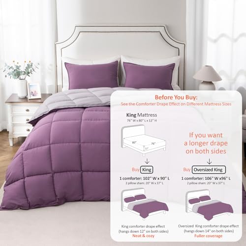 Image of KASENTEX King Comforter Set, Reversible, Goose Down Alternative, All Season | 250 GSM Fill, Ultra-Soft, Lightweight, Machine Washable, 1 Comforter + 2 Pillow Shams, Grape Jam /Gull
