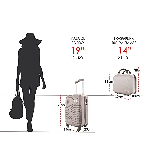 Kit Conjunto Mala de Bordo Viagem 10kg Rodas 360º Cadeado Segredo mais Frasqueira Rígida ABS Gladiad