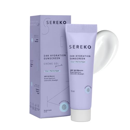 Sereko Sunscreen SPF 50 PA++++ Creme Gel with Zero White Cast for Women & Men | 24hrs Hydration, Quick Absorbing & Non Greasy | UVA+UVB & Blue Light P